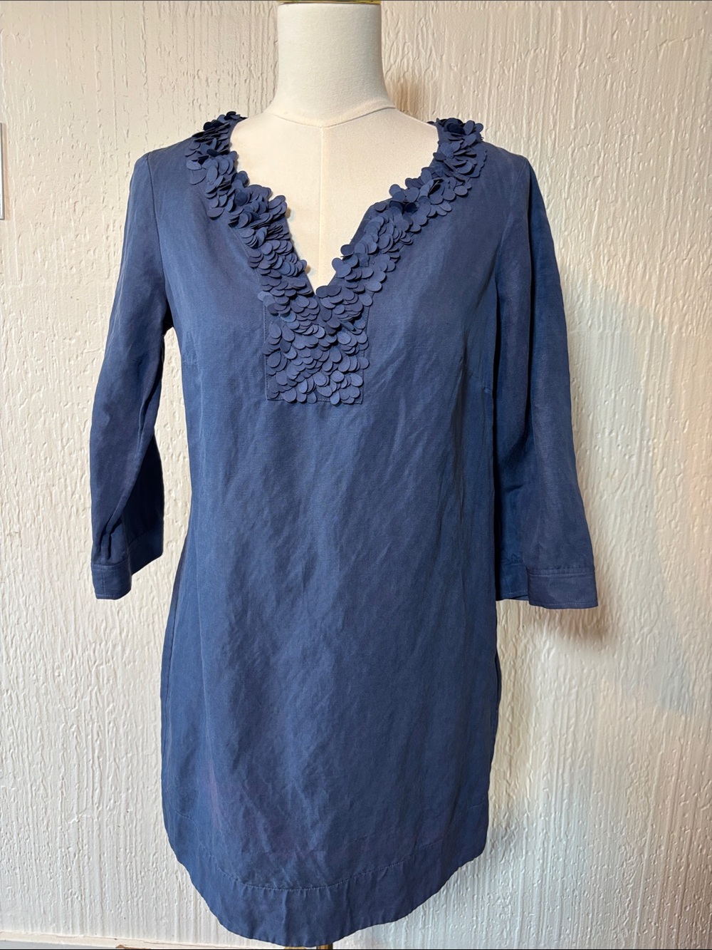 Boden Navy Blue V-Neck Tunic Dress with Petal Trim Women Size 6
